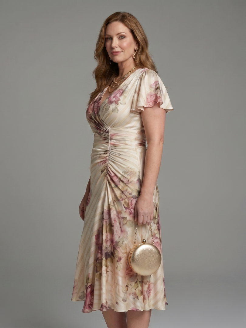 Katarina | Midikleid mit Wickelärmeln und floralem Streifenmuster