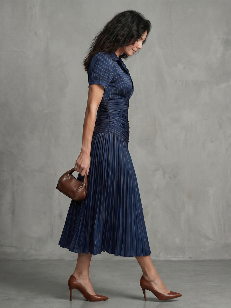Theodora | Gestreiftes Midikleid mit plissierter Taille