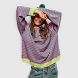 Damen Gestreifter Rundhals-Pullover - Casual Strick-Top