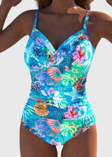 Badeanzug Damen Cyan High-Waist mit maritimem Print