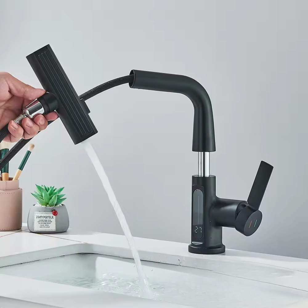 Nytheria - Moderner Wasserfall-Badarmatur mit Digitaler Temperaturanzeige und ausziehbarem Auslauf für ultimativen Komfort