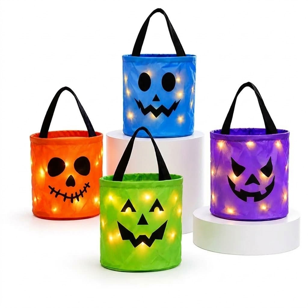 LED-Kürbis-Süßigkeitenkorb mit Griff für Halloween