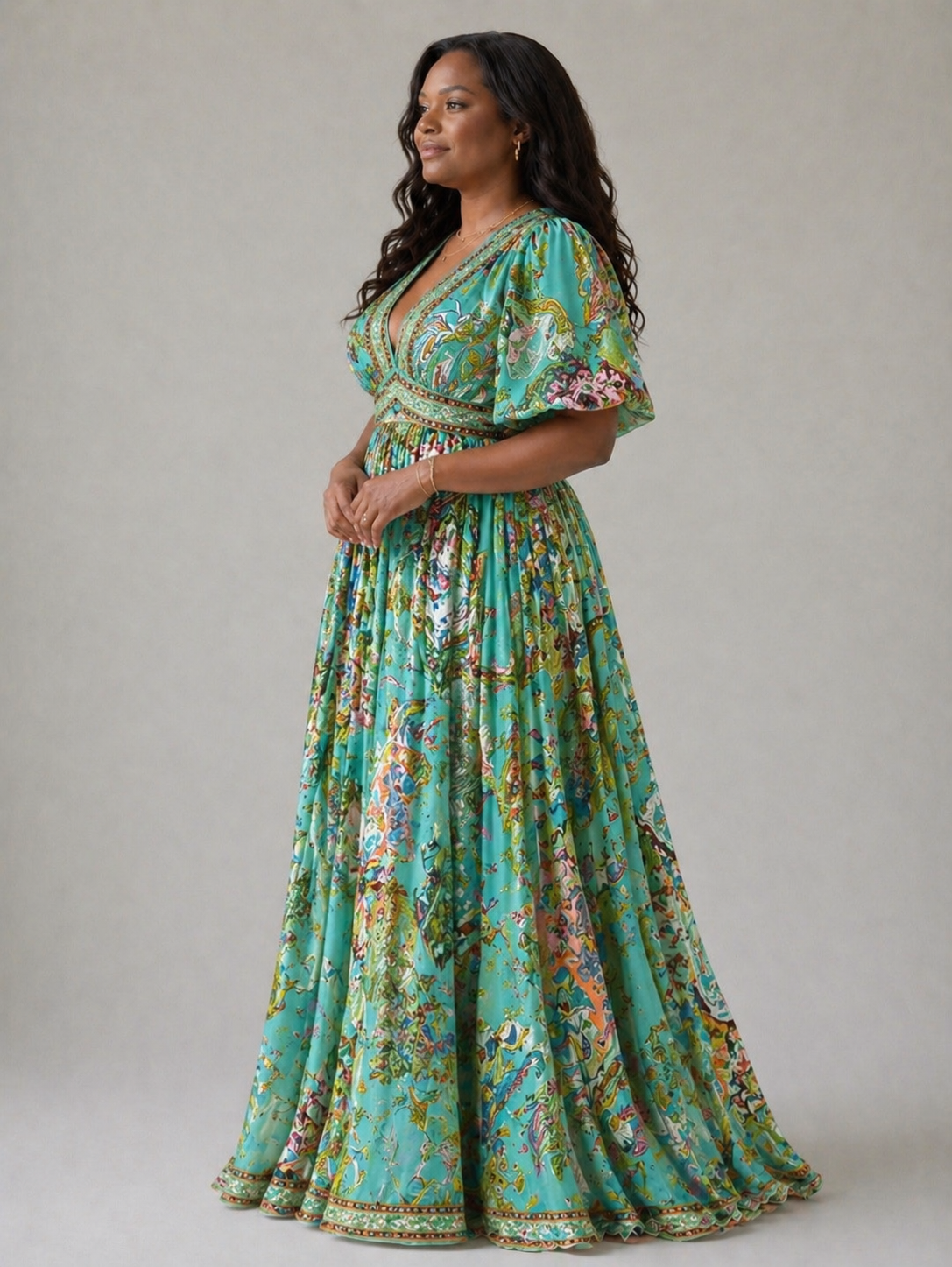 Lina & Emma™ | Luftiges Maxikleid mit Puffärmeln und V-Ausschnitt