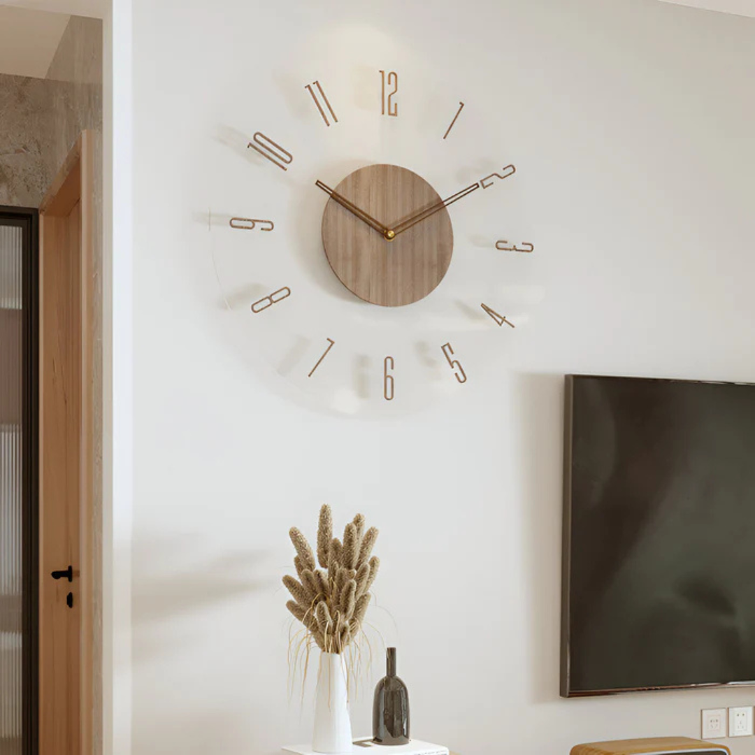 Nock - Stilvolle moderne Wanduhr von 30 cm aus Acryl und Holz für elegante Wohnzimmereinrichtung