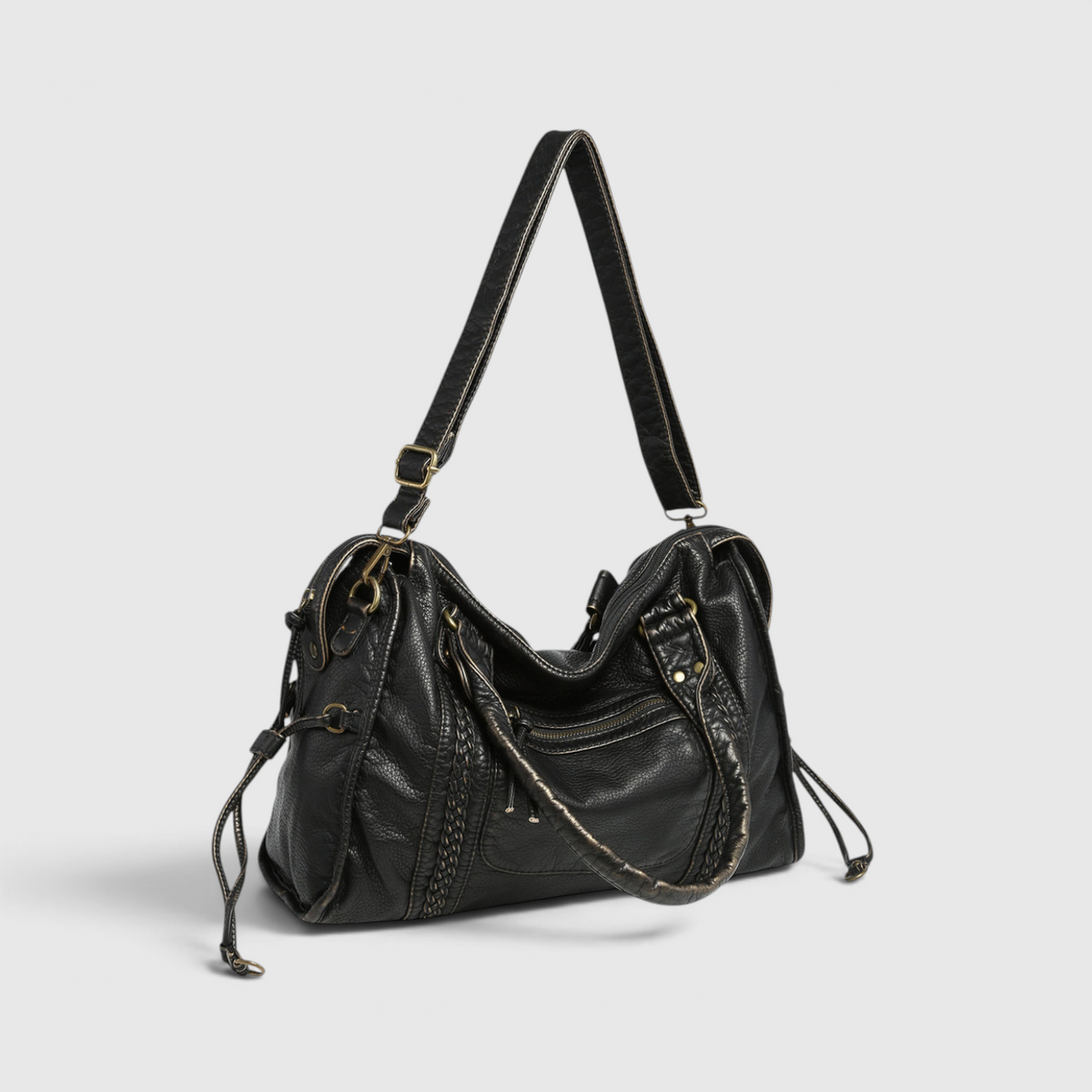 Schwarze Schultertasche Damen – Trendige Kunstleder-Handtasche mit Reißverschlussfächern