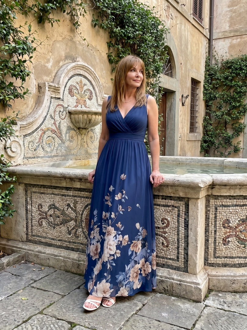 Clarissa | Ärmelloses Midikleid mit V-Ausschnitt und weichem Blumensaum