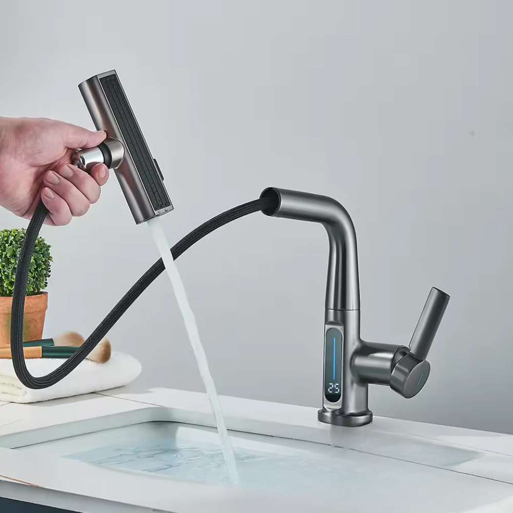 Nytheria - Moderner Wasserfall-Badarmatur mit Digitaler Temperaturanzeige und ausziehbarem Auslauf für ultimativen Komfort