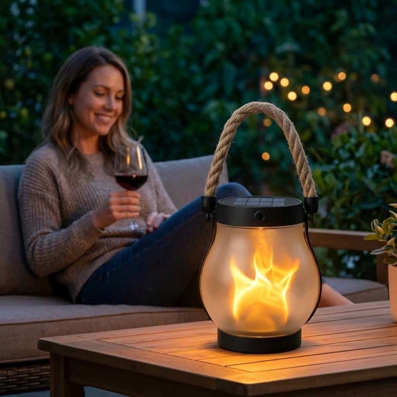 Garden – Lighting – Lanterns : Buiten Vlamlamp Zwart - Solar & Type-C Oplaadbaar Effectlicht in