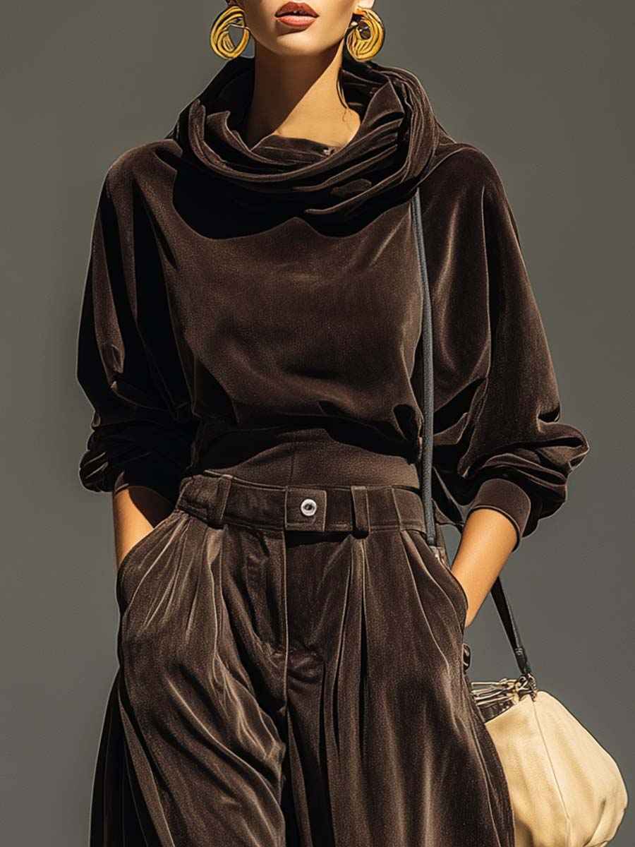 Vintage brown velvet hoodie and loose-fitting trousers set（Includes belt）