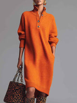 Elegant knitted midi dress with button closure, lapel collar, and orange