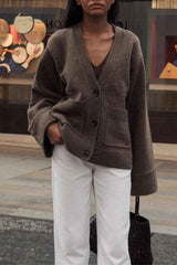 Solid color knit coat with V-neck