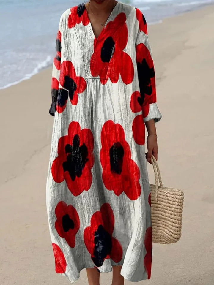 Alba | Elegantes langes Kleid mit schönen roten Blumen für alle Anlässe