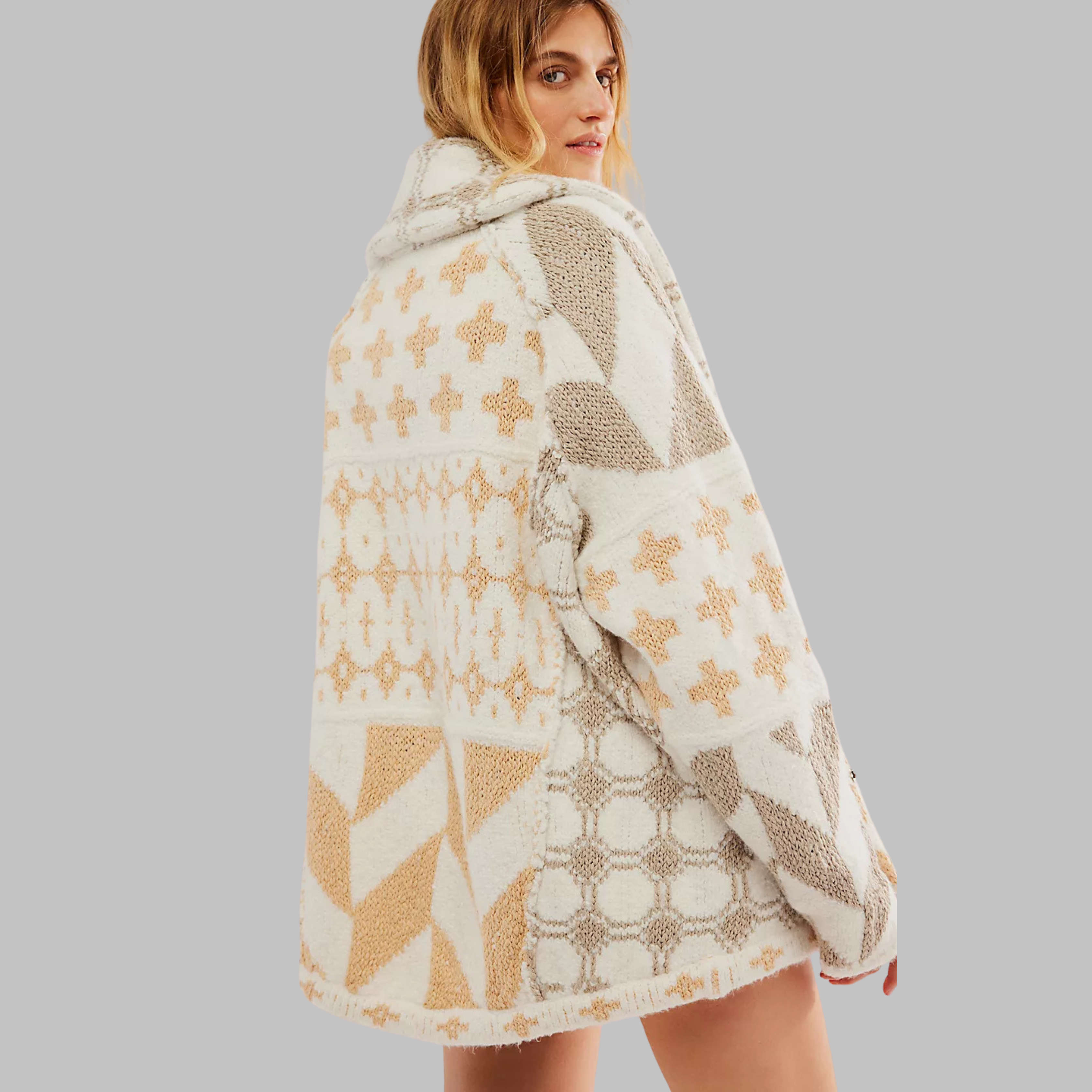 Vintage Strickjacke mit Knöpfen am Kragen, Oversized, mit langen Ärmeln