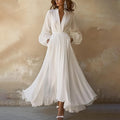 Elegantes langes Vintage-Kleid mit V-Ausschnitt in Weiß Damen