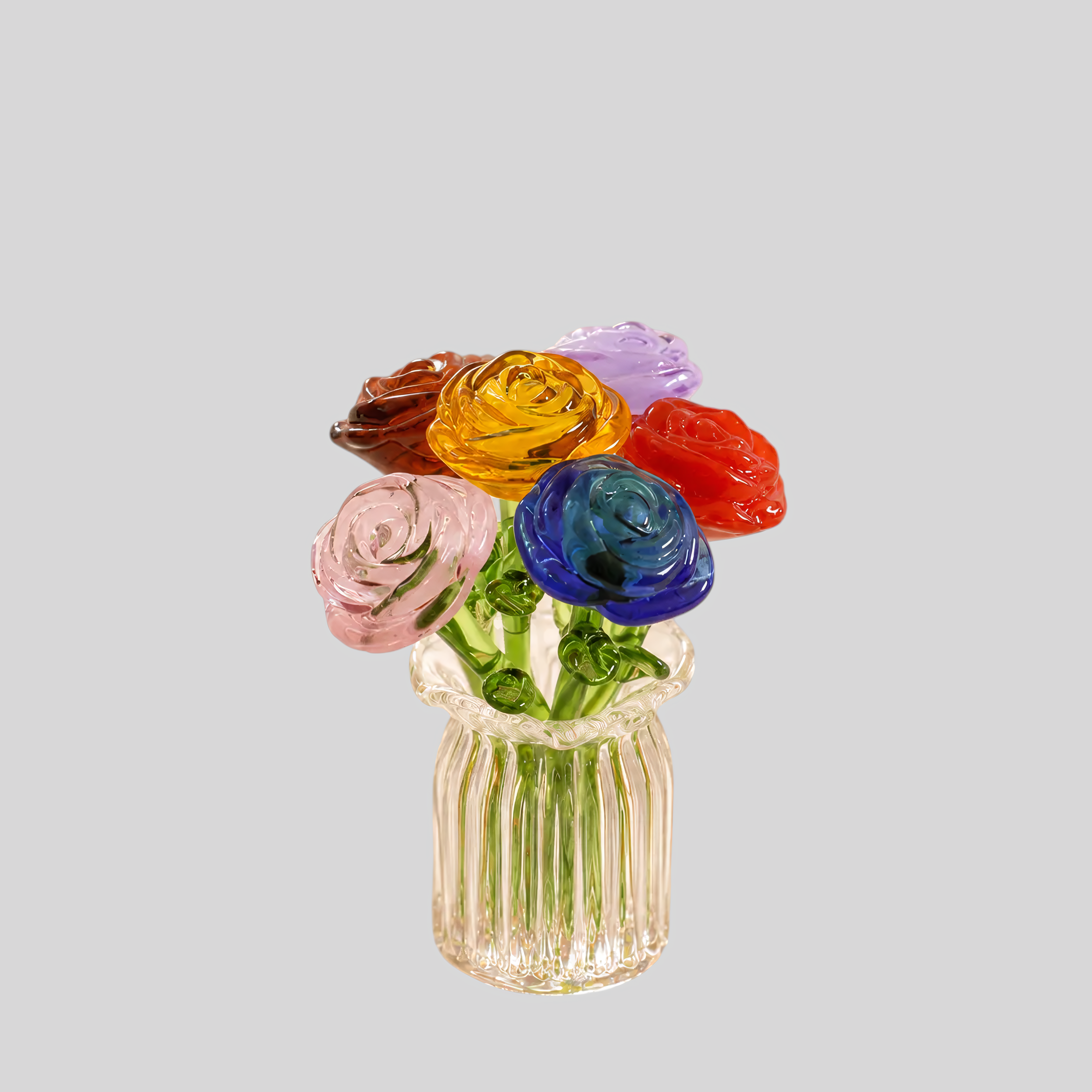 Miniatur Glasblumen Set - Mundgeblasene Blüten mit Vase, ewig schön