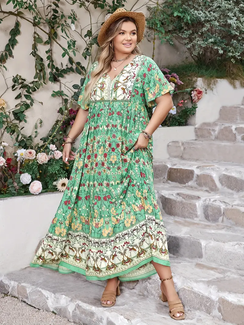 Plus-Size Boho-Blumen-Maxikleid – fließend, feminin und bequem