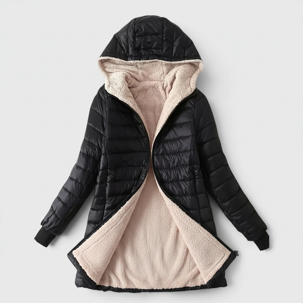 Damen Mittellange Kapuzenjacke mit Fleecefutter