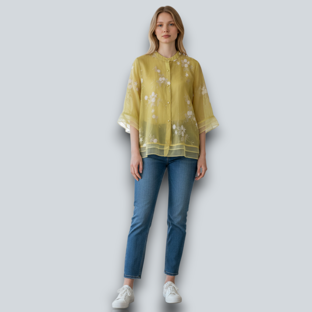 Damen Baumwolltop mit Blumenstickerei und lockerem Schnitt