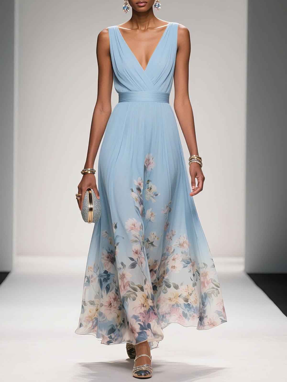 Elegantes hellblaues geblümtes Chiffon-Maxikleid mit V-Ausschnitt, ärmellos, A-Linie