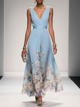 Elegantes hellblaues geblümtes Chiffon-Maxikleid mit V-Ausschnitt, ärmellos, A-Linie