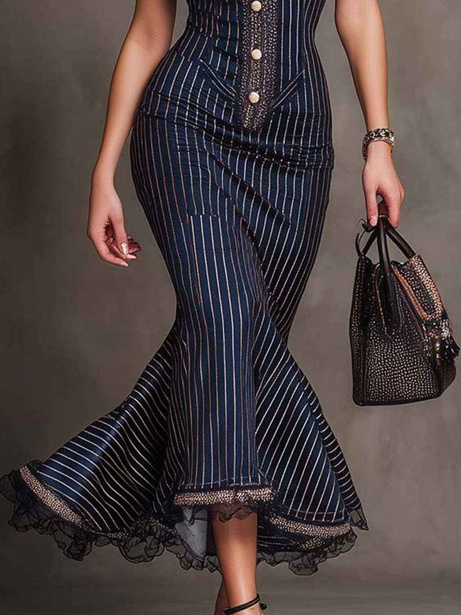 Timeless Vintage Pinstripe Lace-Trim Midi Kleid