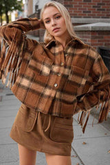 Casual chic plaid fringe wool crop poncho for stylish confidence