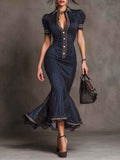 Timeless Vintage Pinstripe Lace-Trim Midi Kleid