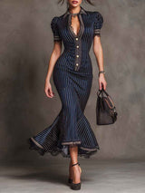 Timeless Vintage Pinstripe Lace-Trim Midi Kleid