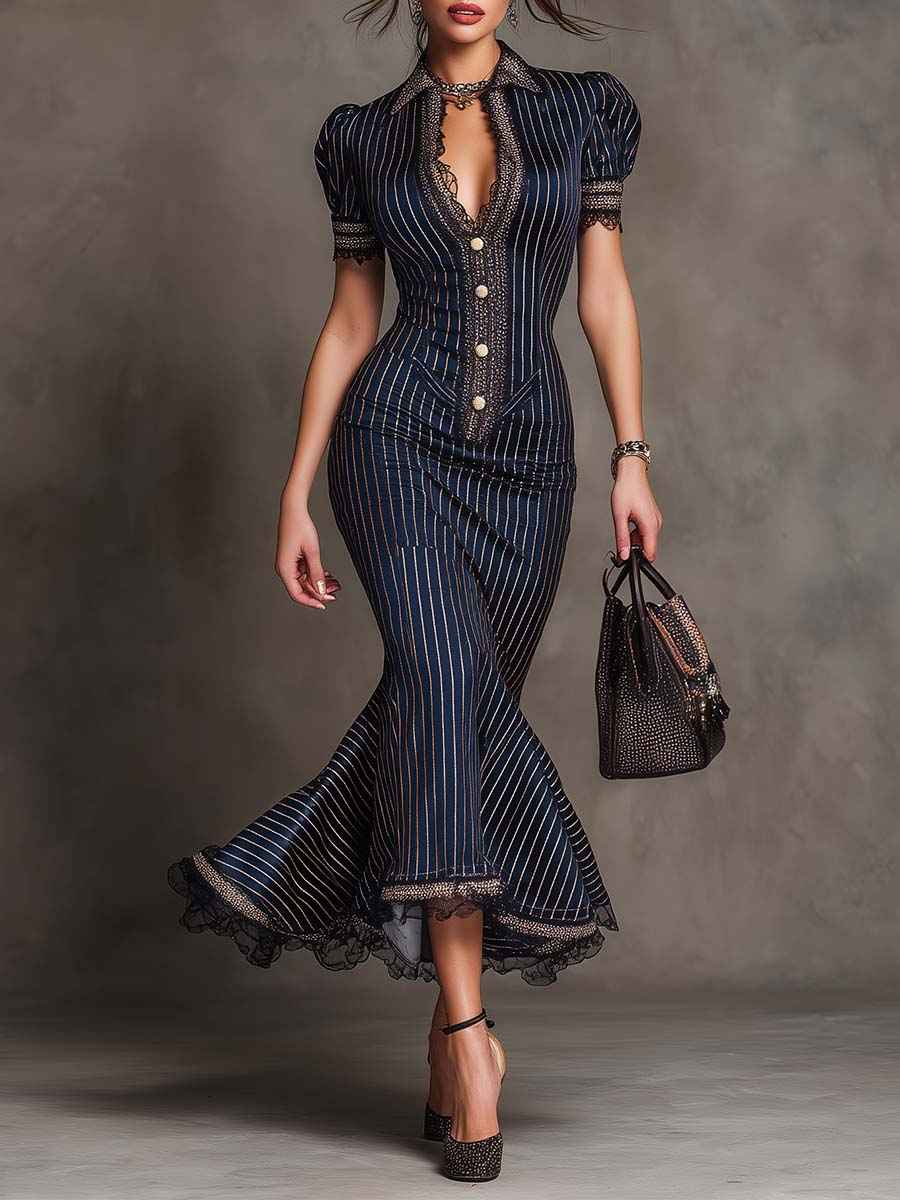 Timeless Vintage Pinstripe Lace-Trim Midi Kleid