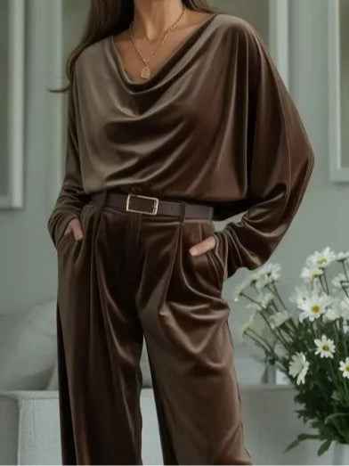 Coffee velvet turtleneck top and trousers set (including belt)