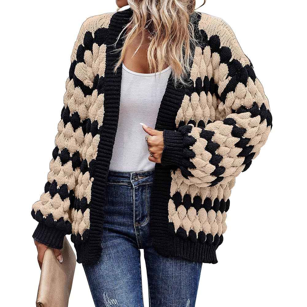 Damen-gestreifter Cardigan mit Laternenärmeln und offener Front