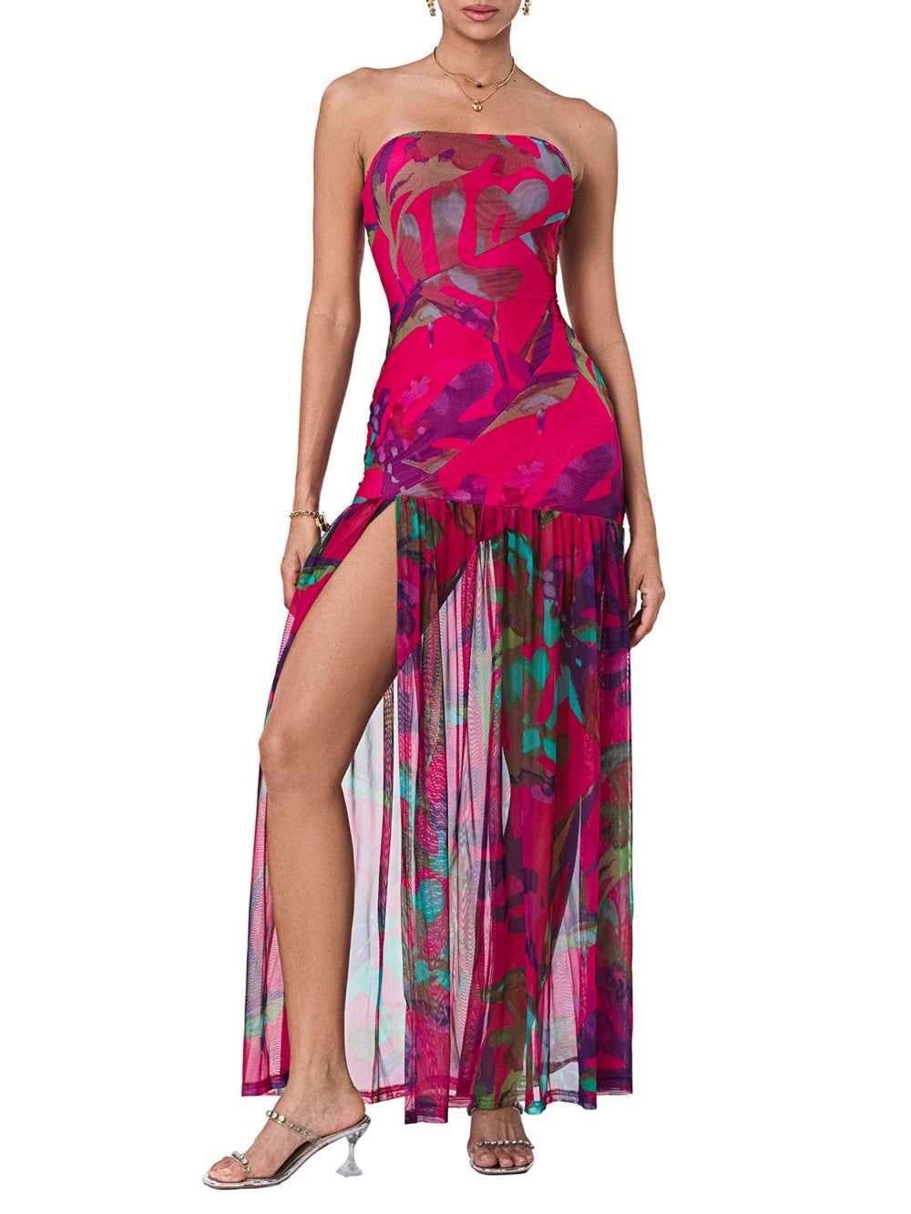 Elegantes Maxikleid ohne Träger mit Schlitz und Druck