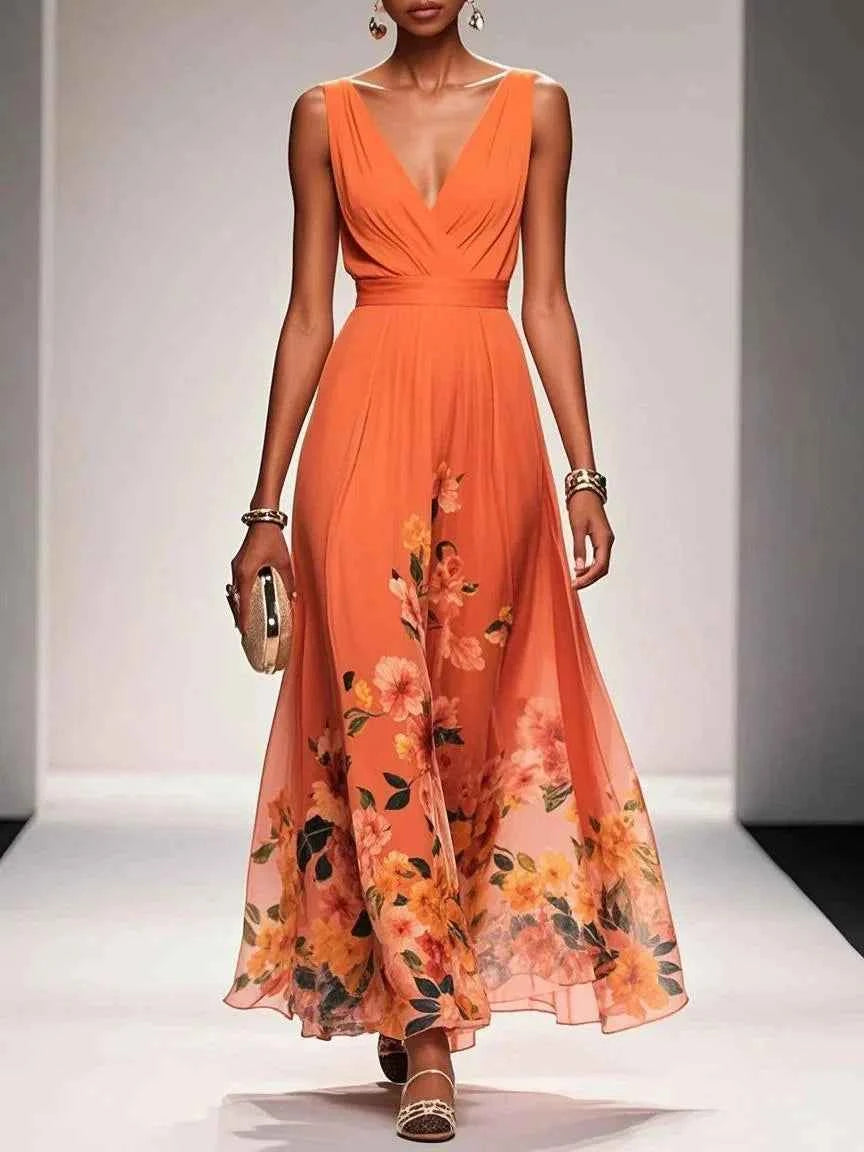 Elegantes hellblaues geblümtes Chiffon-Maxikleid mit V-Ausschnitt, ärmellos, A-Linie