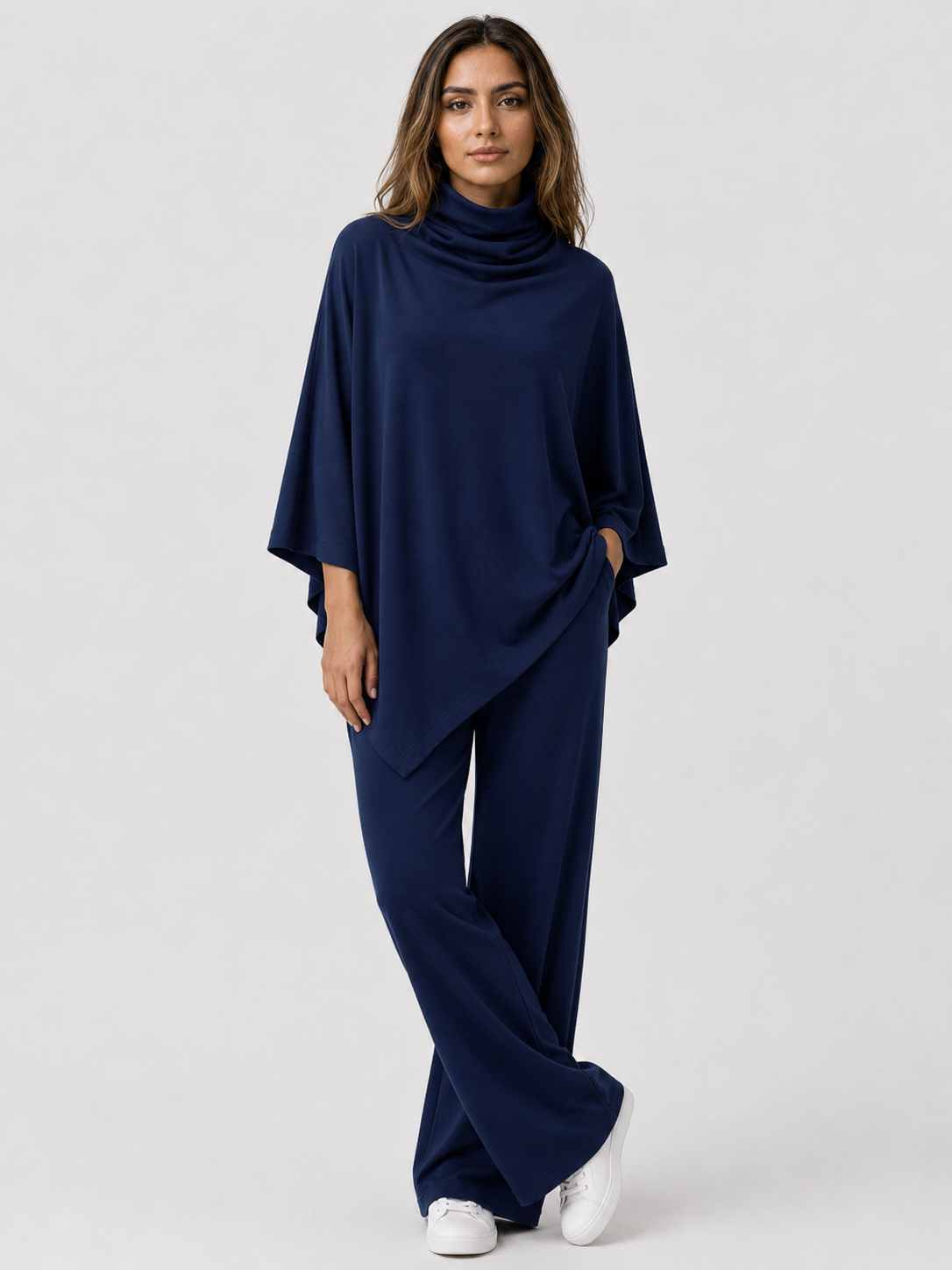 Alyris Damen's Two-Piece Poncho Set – Cowl Neck Top & Straight-Leg Hose