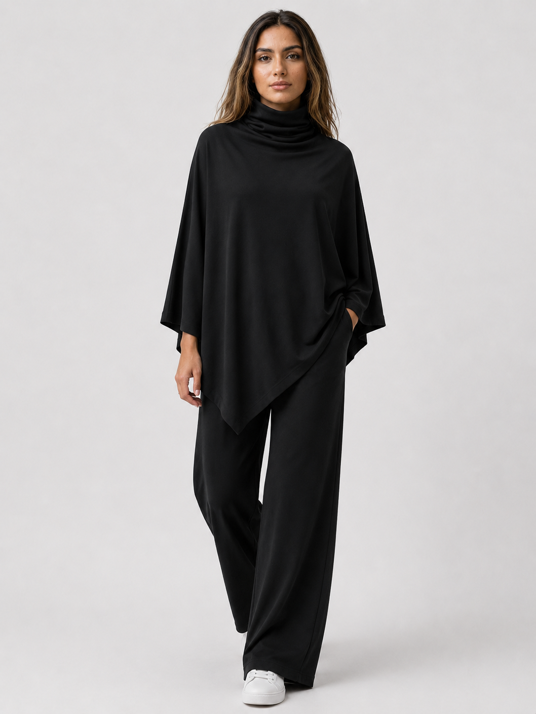 Alyris Damen's Two-Piece Poncho Set – Cowl Neck Top & Straight-Leg Hose