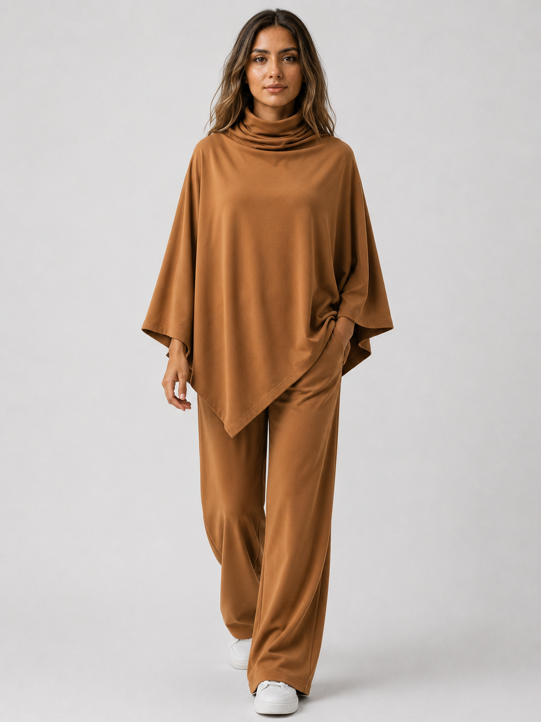 Alyris Damen's Two-Piece Poncho Set – Cowl Neck Top & Straight-Leg Hose