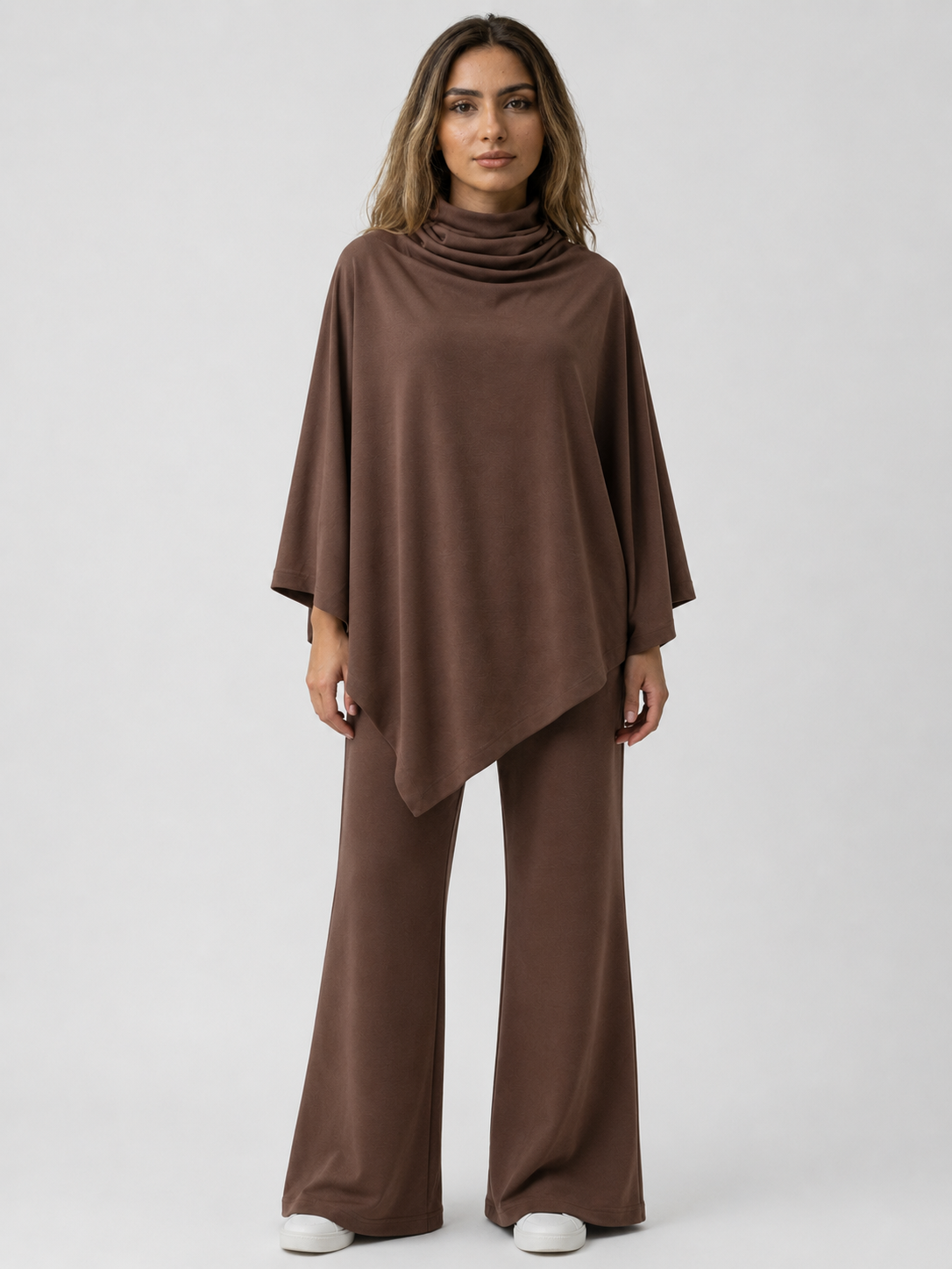 Alyris Damen's Two-Piece Poncho Set – Cowl Neck Top & Straight-Leg Hose