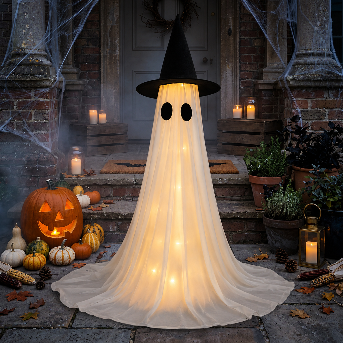 Leuchtender Geist mit Hexenhut - LED Halloween-Dekoration