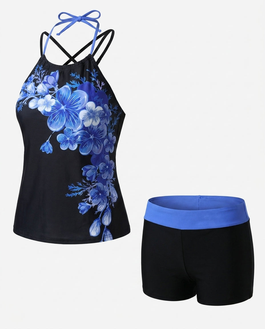 Avery Halter-Tankini-Set mit überkreuzten Trägern im Blumenmuster – Schmeichelhafte Passform und strahlender Sommerlook