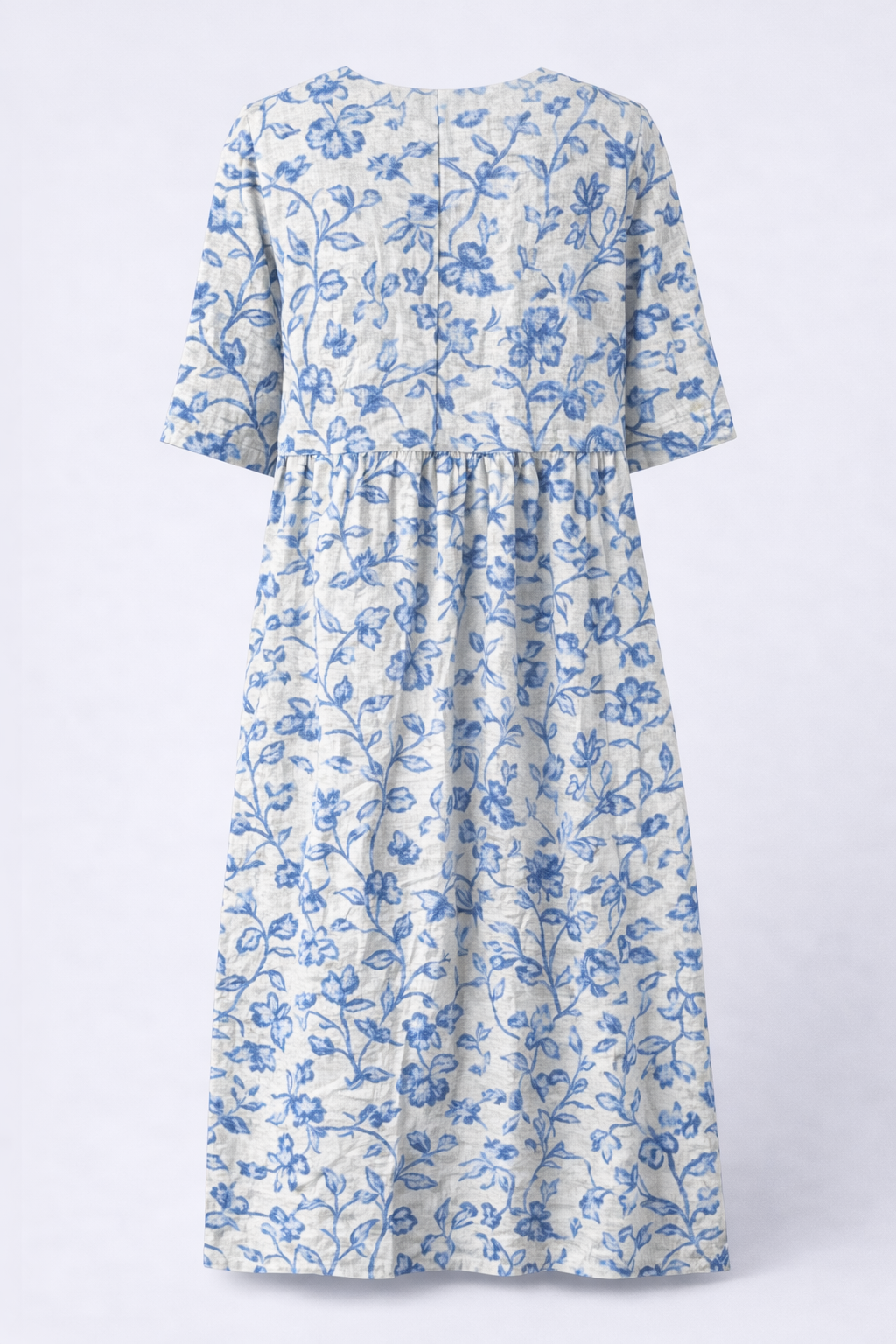 Léonie - Elegantes Vit Kleid mit Charmanten Blau Porzellanblumen Damen