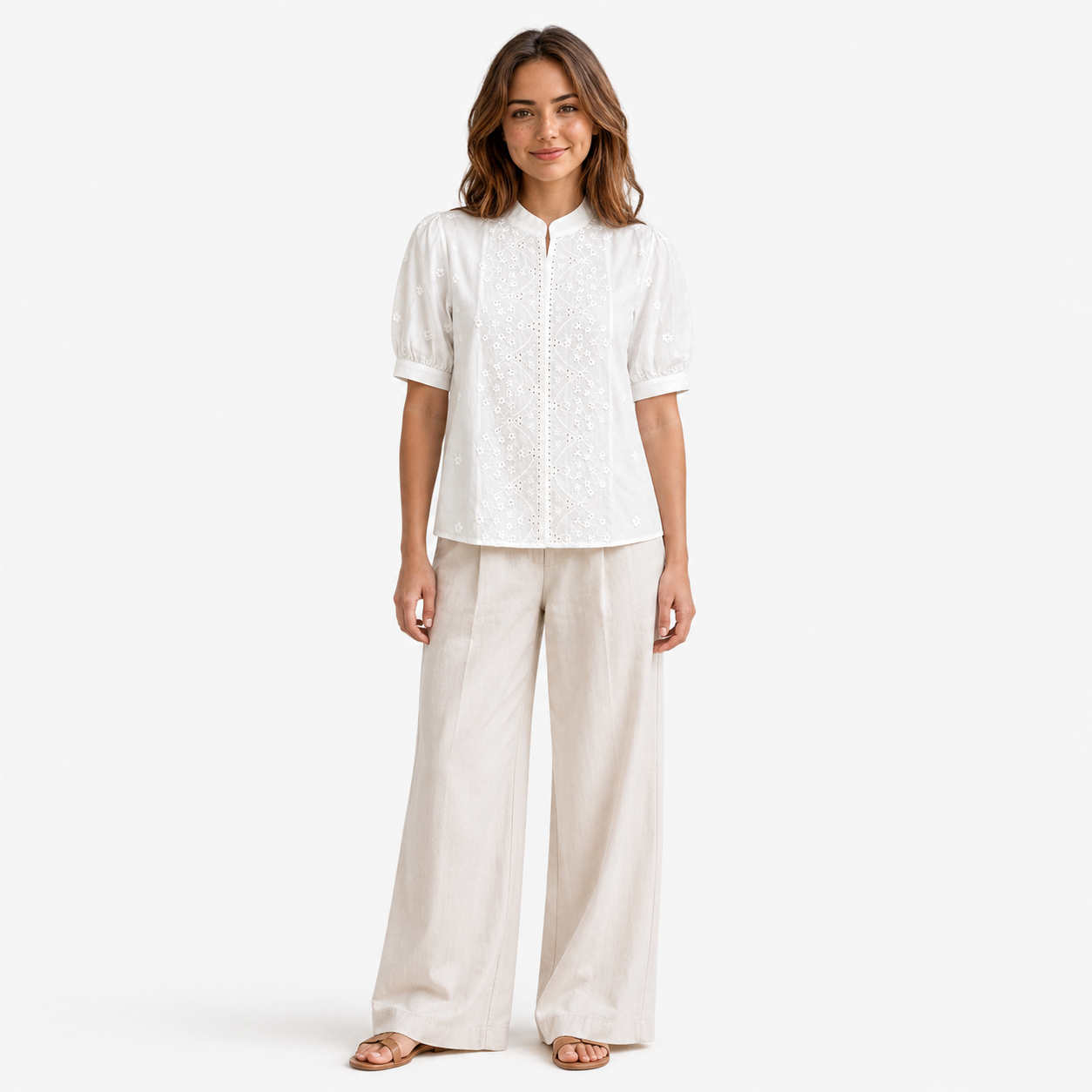 Bestickte Bluse mit Schlitzkragen Damen