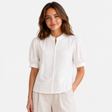 Bestickte Bluse mit Schlitzkragen Damen
