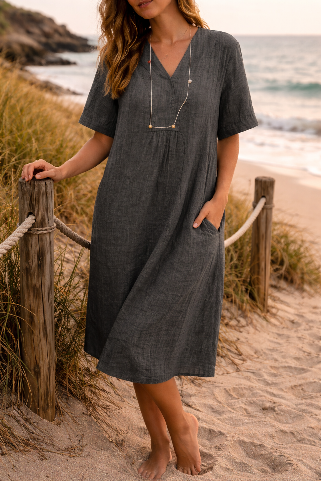 Damen Leinen Midikleid - Entspannter Schnitt mit V-Ausschnitt