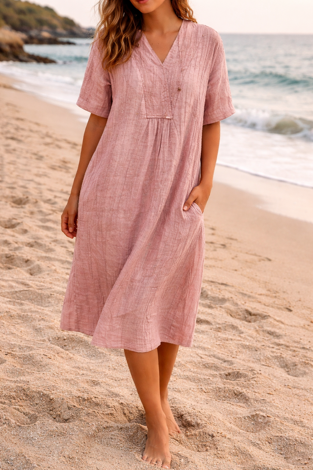Damen Leinen Midikleid - Entspannter Schnitt mit V-Ausschnitt