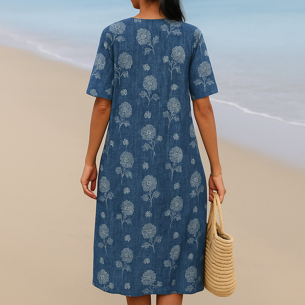 ALMA | Elegantes Indigo-Blumen Kleid für einen anspruchsvollen Look