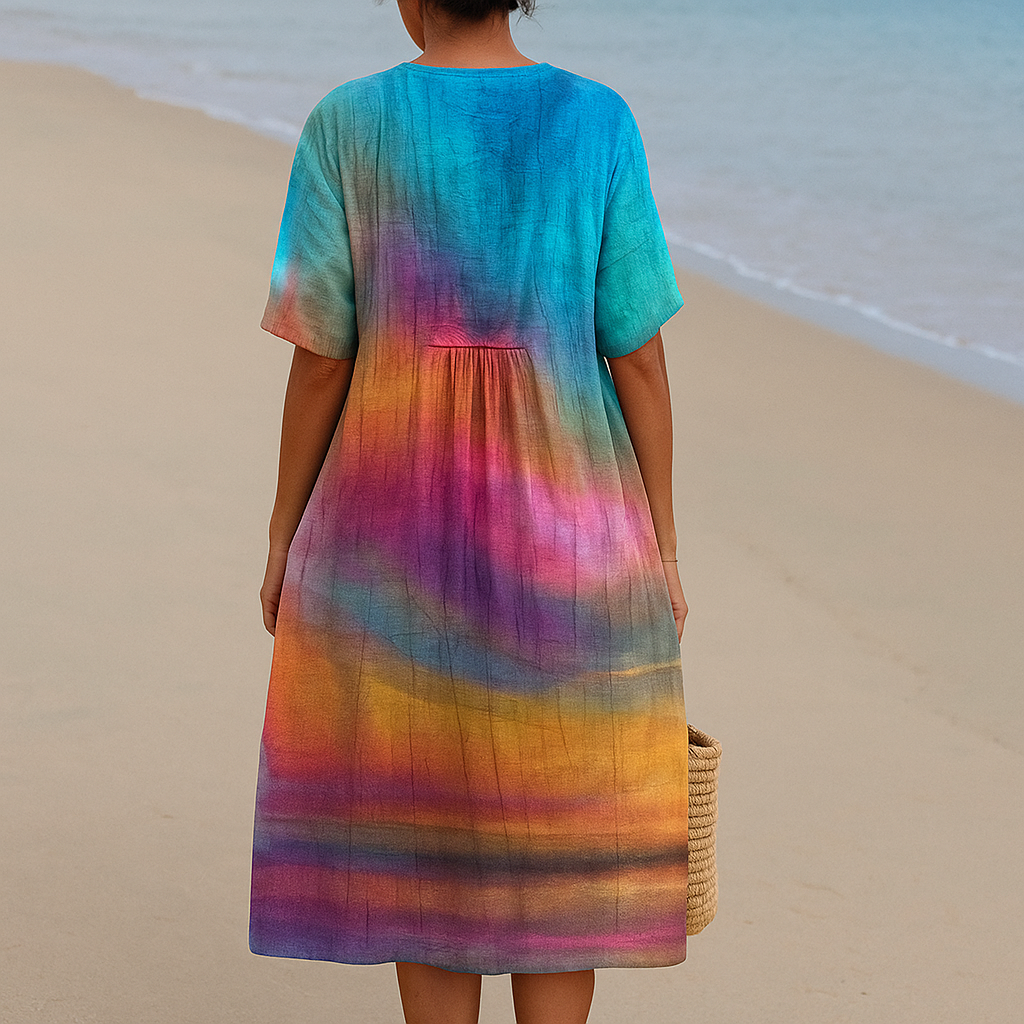 SOLÈNE | Bohemische Tie-Dye Nachthemd mit Schöner Sonnenuntergangsdesign