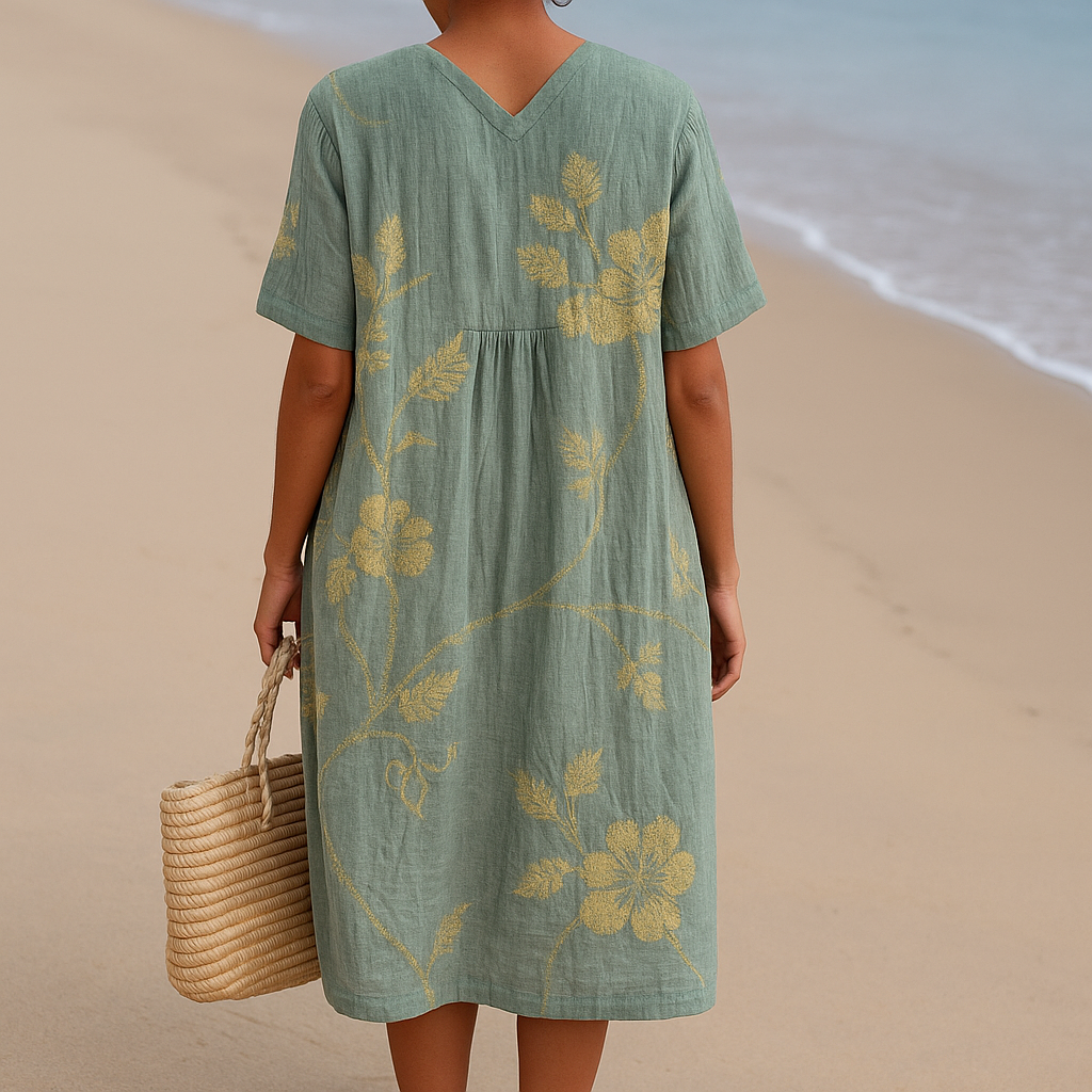 Olivia | Elegantes blau-graues Kleid mit charmanten Blumenstickereien für einen anspruchsvollen Look