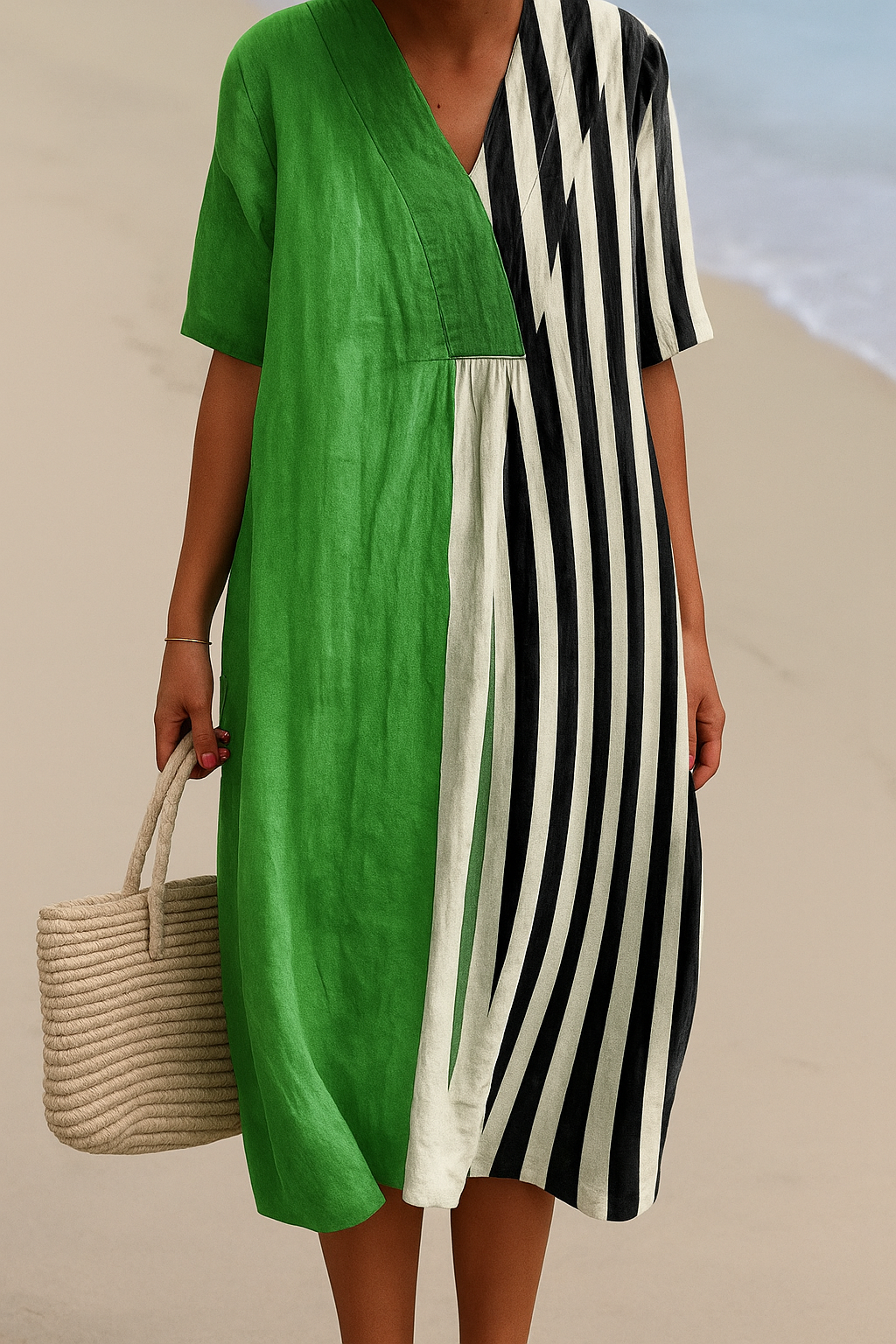 Iris | Elegantes dunkelgrünes Kleid mit stilvollen schwarzen Streifen
