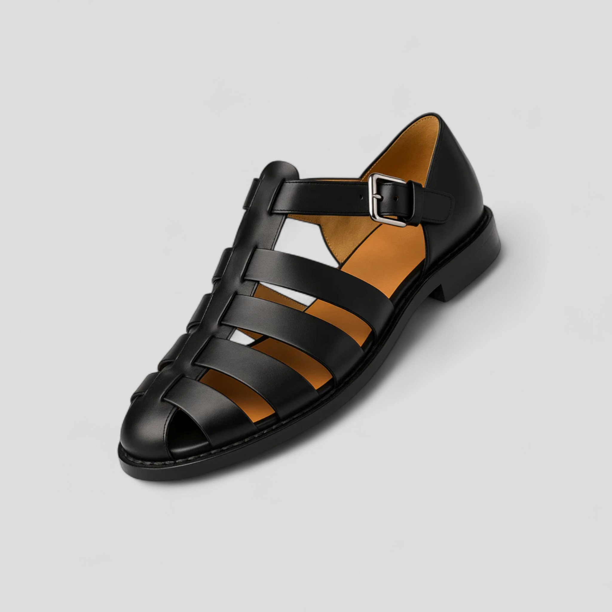 Sandalen Herr Classici Neri in Vera Leder, Comodi mit Fibbia Regolabile e Traspiranti