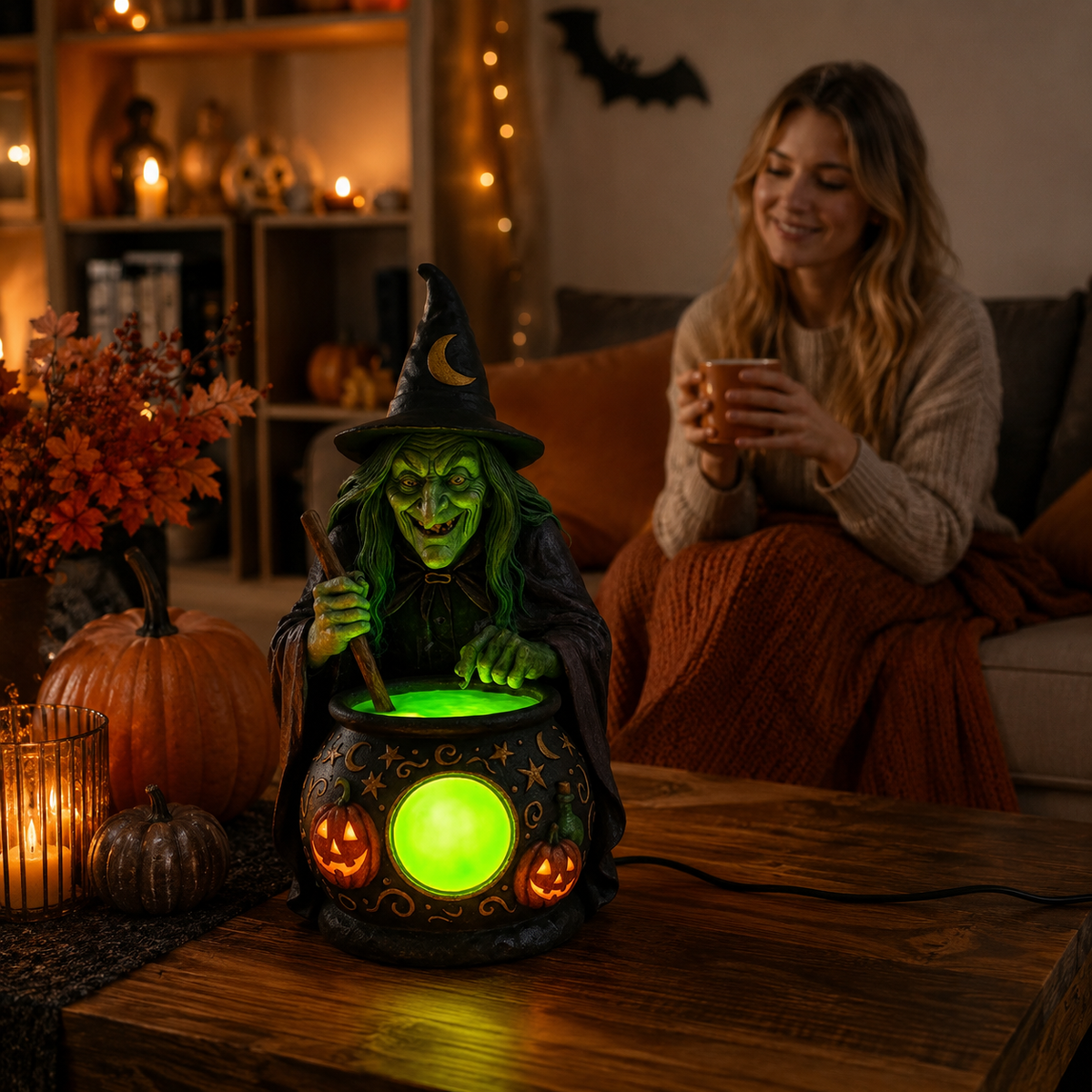 Hexenkessel Harz-Tischlampe mit Neongrüner LED